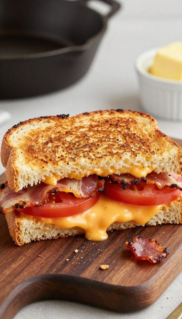 A bacon and tomato breakfast grilled cheese sandwich cut in half, showing melted cheddar, crispy bacon, and tomato slices on sourdough bread.