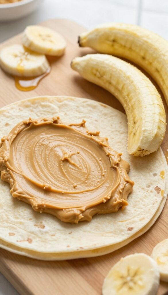 Peanut butter banana roll-up ingredients on a cutting board