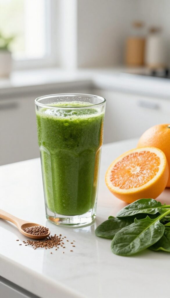 Citrus spinach smoothie in a glass with fresh oranges, grapefruit, spinach, and flaxseed on a kitchen counter.