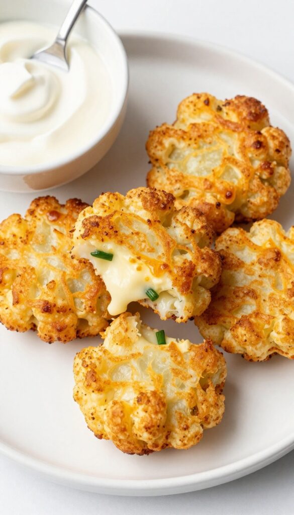 Golden crispy cheesy cauliflower hash browns on a white plate with sour cream dip