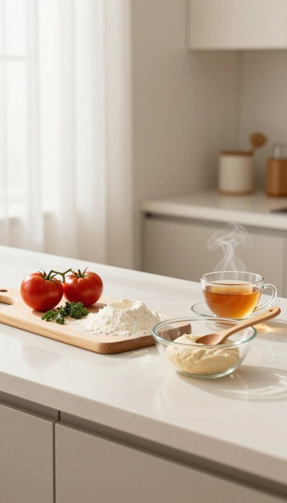 A sunny kitchen counter with ingredients for baking, including flour, herbs, and dough in a bowl.