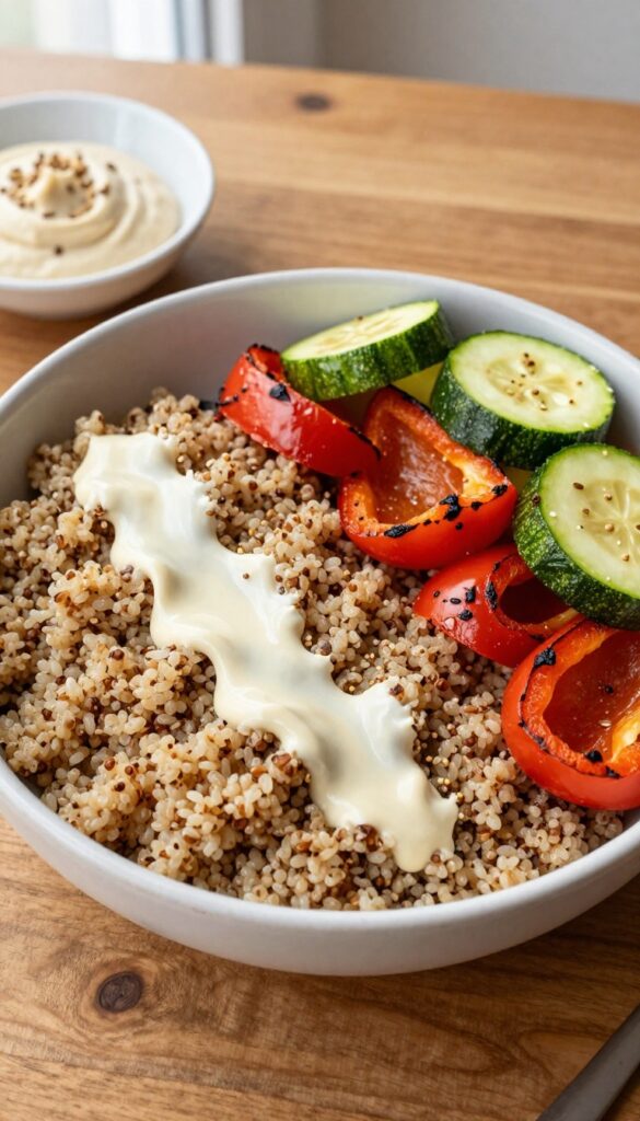 Quinoa breakfast bowl with roasted bell peppers and zucchini, drizzled with tahini dressing.