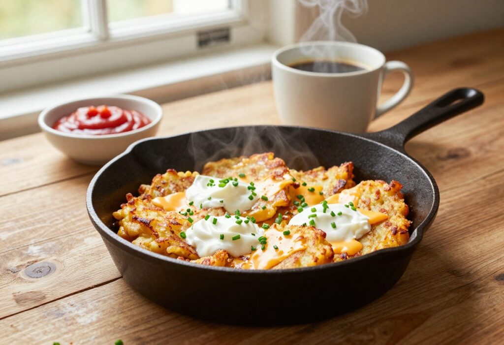 Crispy loaded hash browns in a cast iron skillet with cheese, sour cream, and chives, with coffee in the background.