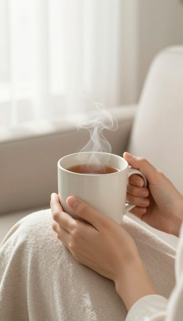 Woman holding a warm mug of tea in a cozy setting