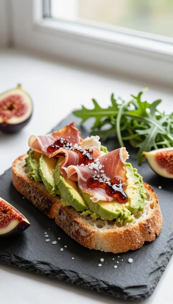 Prosciutto and fig avocado toast on sourdough with balsamic glaze