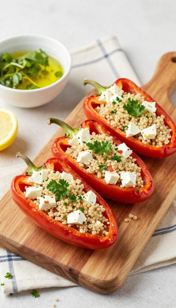 Stuffed bell peppers with quinoa and feta on a wooden cutting board, with a side salad.
