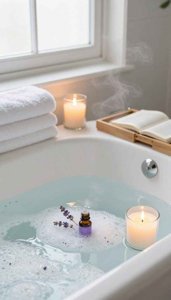Warm bath with lavender oil, candle, and Epsom salts in a dimly lit bathroom