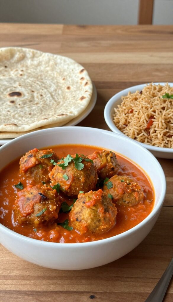 Bowl of lauki kofta in tomato gravy with roti and brown rice on wooden table