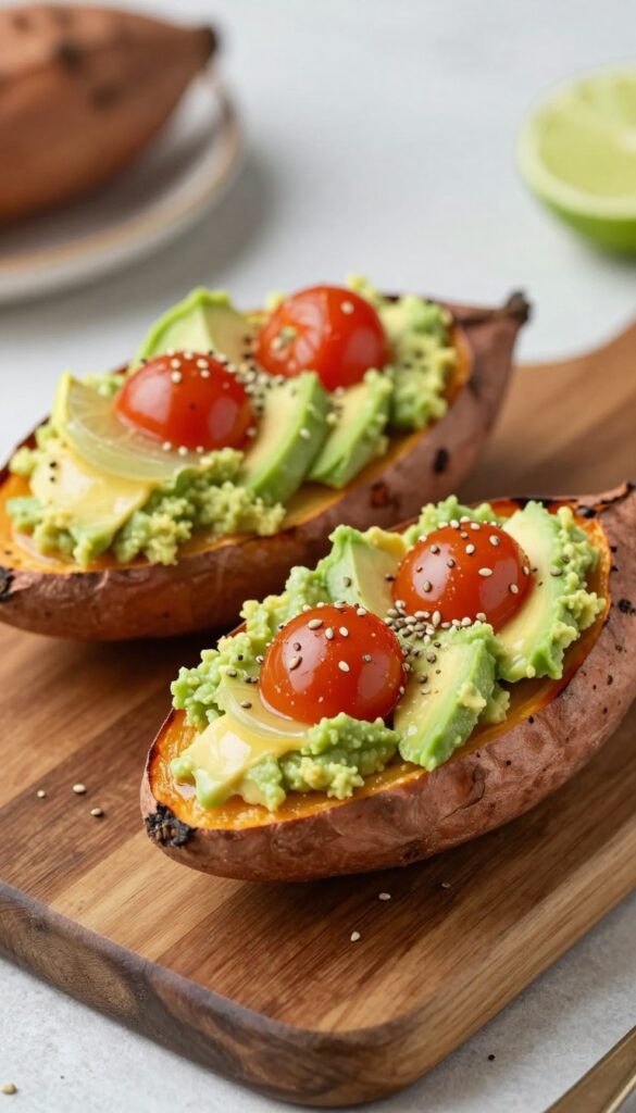 Sweet potato toast with avocado and cherry tomato slices on a wooden board