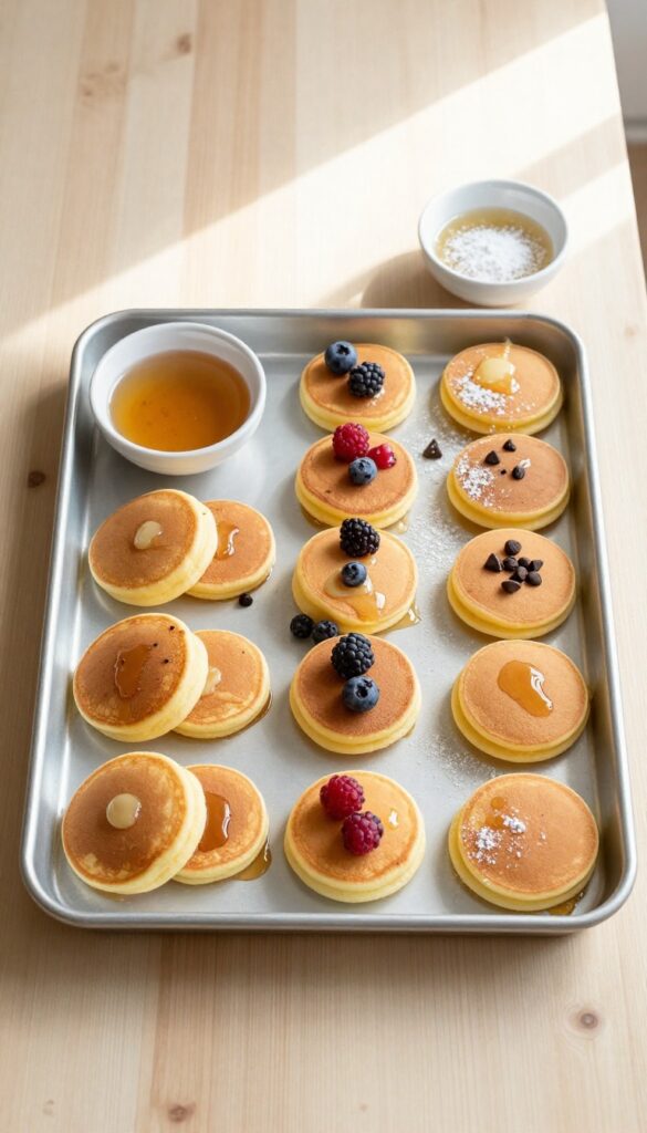 Sheet pan pancake bites with berries and chocolate chips, served with maple syrup and powdered sugar on a wooden table.