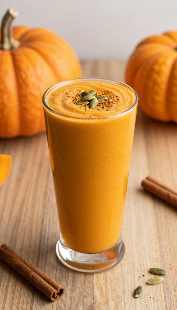 A glass of creamy pumpkin spice smoothie topped with pepitas and pumpkin pie spice on a wooden table with pumpkins and cinnamon sticks.