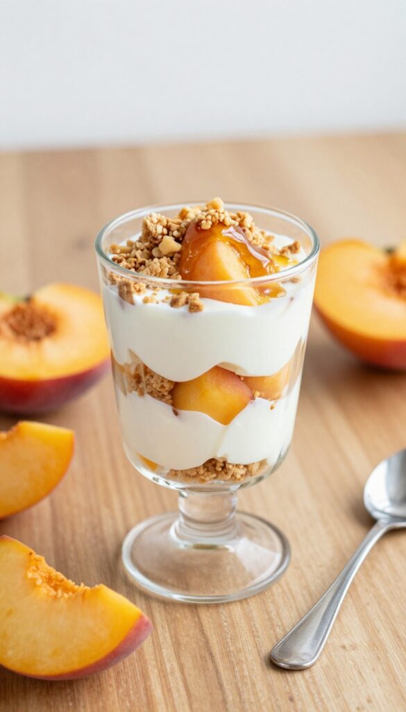 Peach and yogurt parfait in a glass with honey drizzle, graham cracker crumbs, and peach slices on a wooden table.