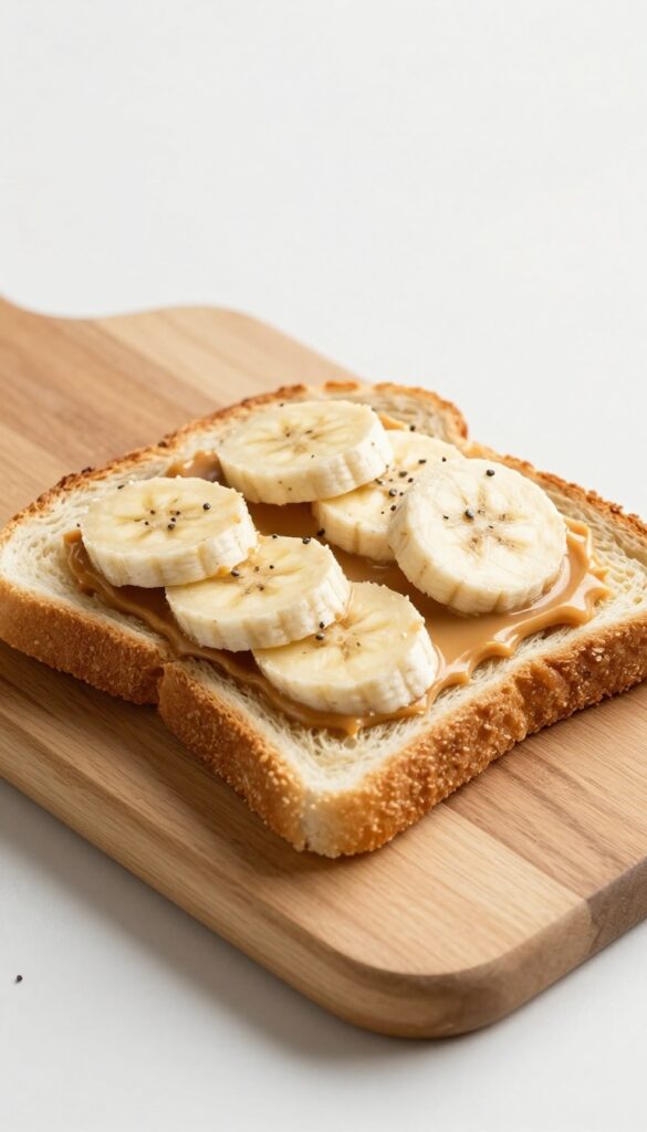 Whole grain toast with peanut butter and banana slices on a wooden board