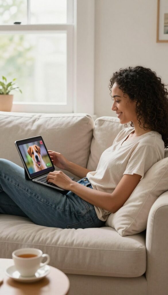 Person relaxing on sofa watching funny animal video on tablet in cozy living room