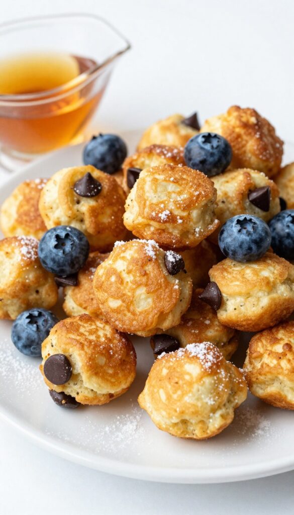 Air fryer pancake bites with chocolate chips and blueberries on a platter with maple syrup