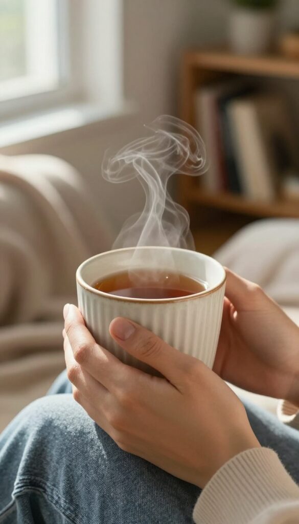 A person holding a warm mug of tea in a cozy, sunlit room
