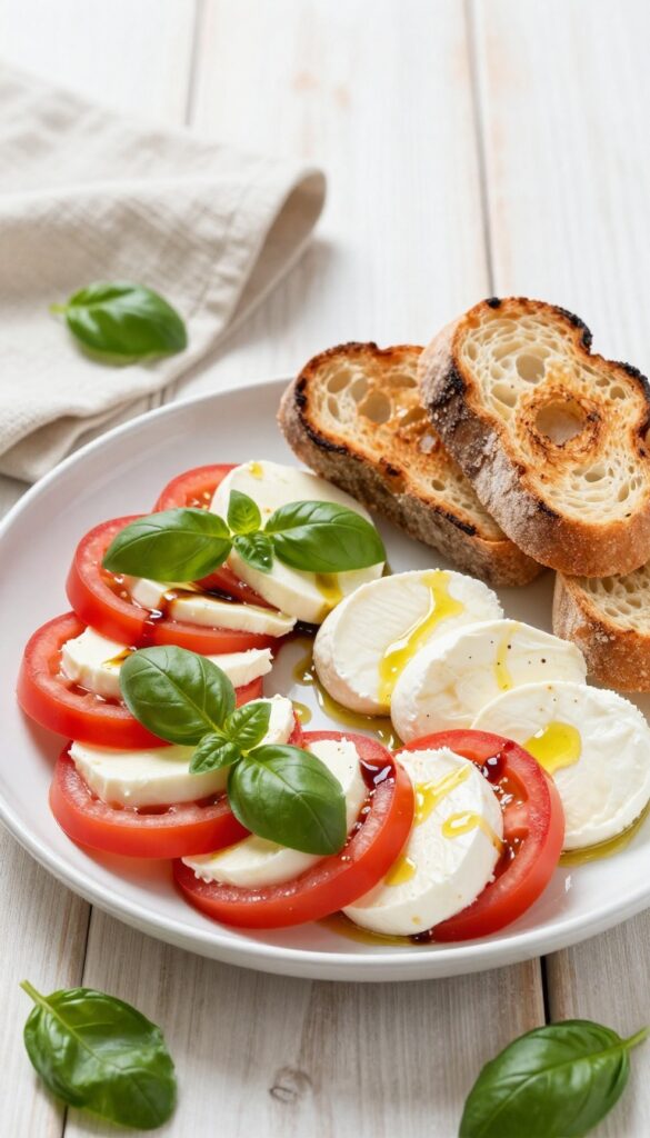Caprese Breakfast Salad with tomatoes, mozzarella, basil, balsamic glaze, and crusty bread on a wooden table in natural light