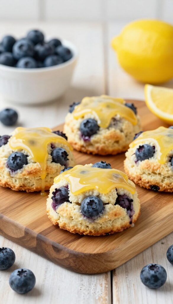 Blueberry lemon scones with glaze on a wooden platter