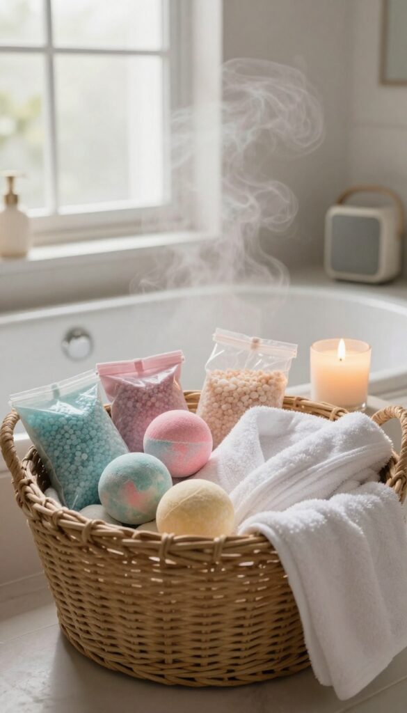 A gift basket filled with bath bombs, Epsom salts, a plush bathrobe, a candle, and a waterproof speaker, placed in a sunny bathroom.