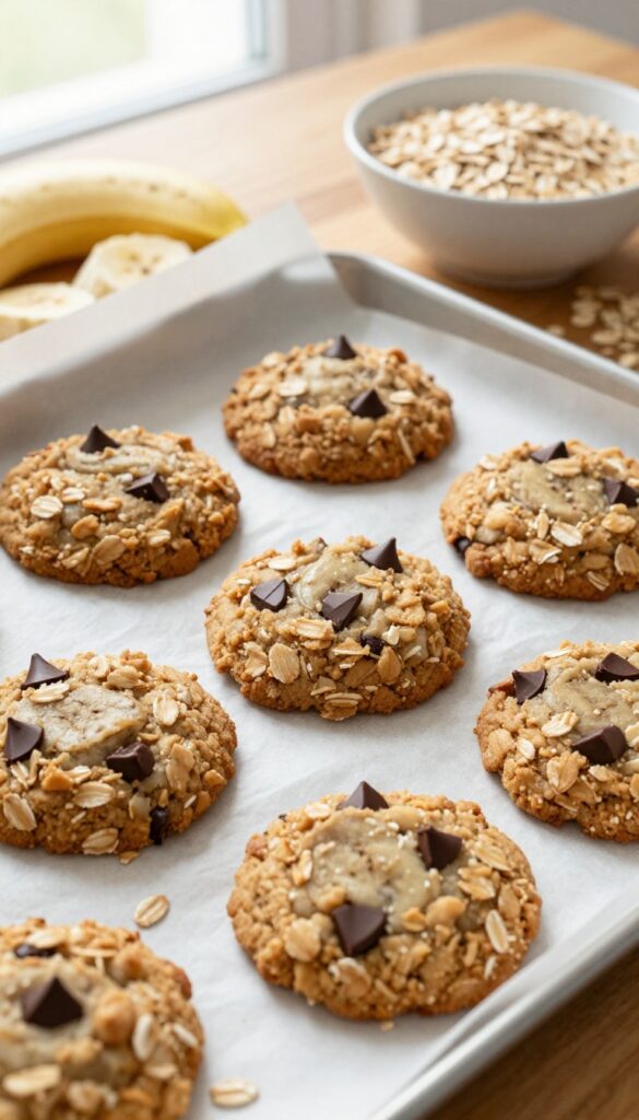 Banana breakfast cookies on a baking sheet with oats and chocolate chips