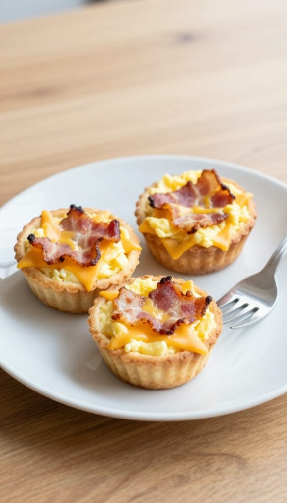 Three savory bacon and egg muffin cups on a plate, perfect for travel breakfast.