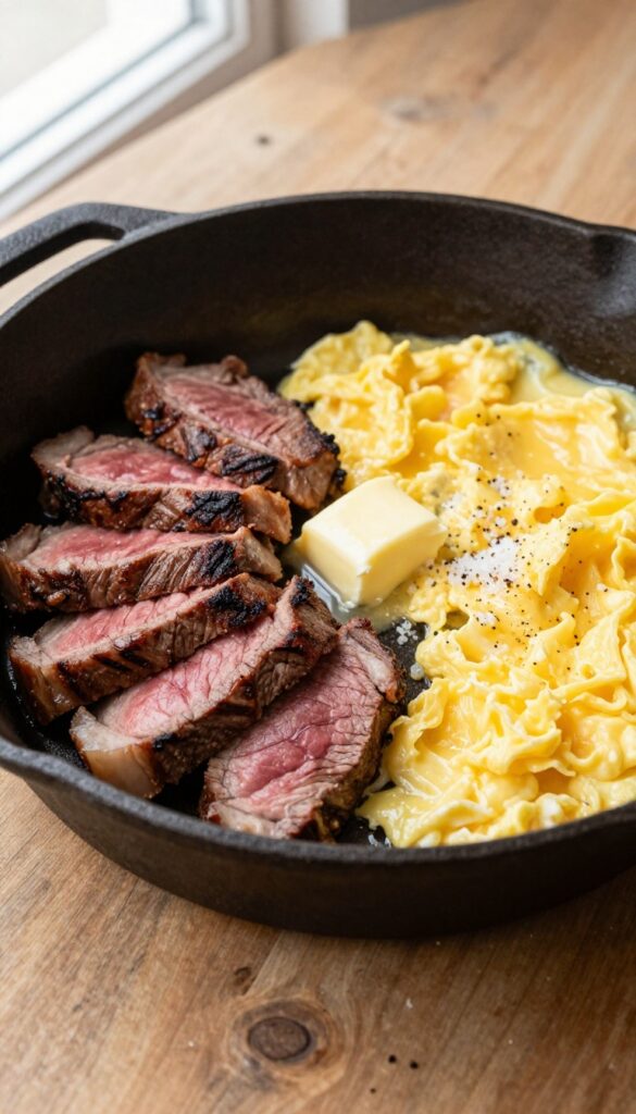 Beef heart steak and scrambled eggs in a cast-iron skillet, top-down view, natural lighting, rustic setting