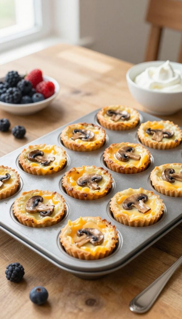 Mushroom and Swiss egg bakes in a muffin tin