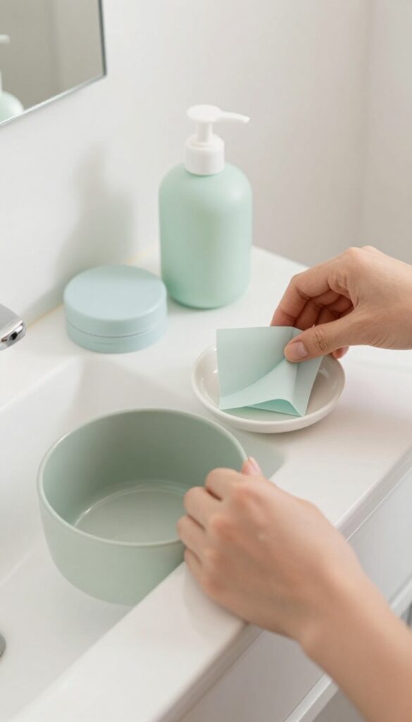 A person sorting items on a bathroom counter into keep, toss, and relocate piles during a decluttering session.
