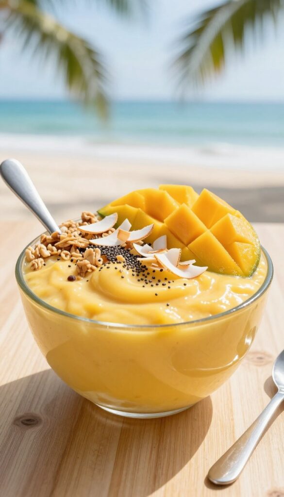 Tropical mango coconut smoothie bowl topped with fresh mango, toasted coconut, granola, and chia seeds on a wooden table by the beach.