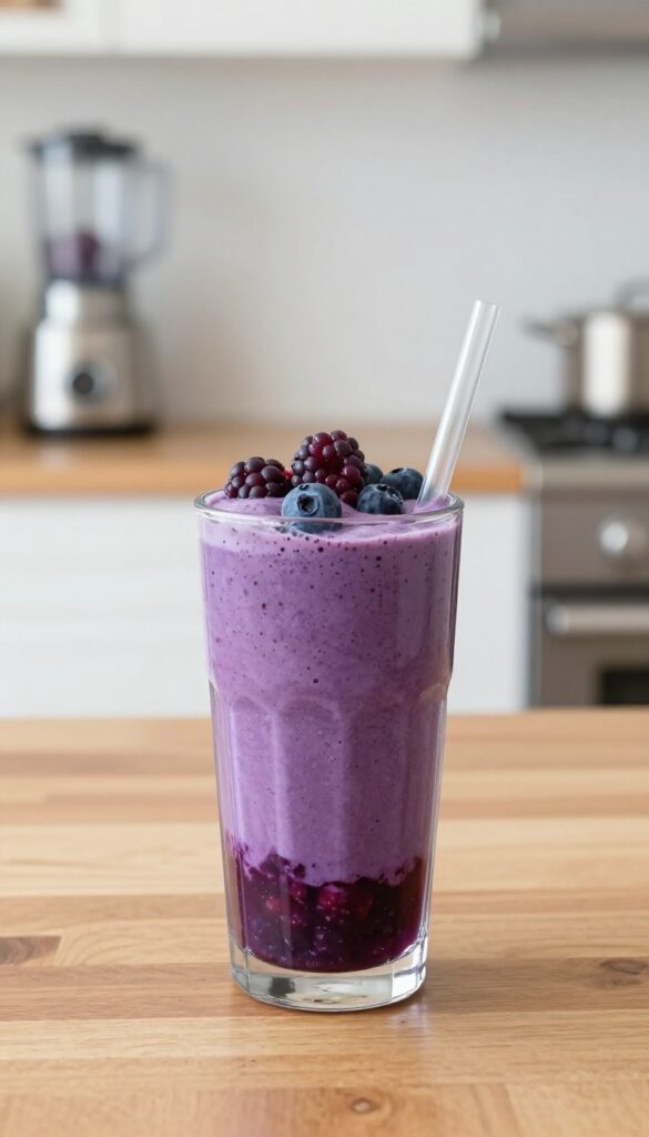 A glass of frozen fruit smoothie with berries on top, on a wooden table, with a blender in the background.