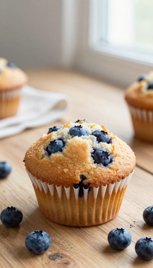 Freshly baked blueberry muffin on a wooden table with scattered blueberries.