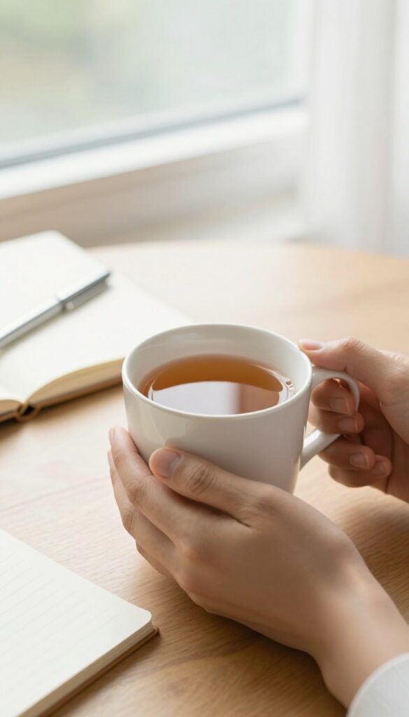 Person holding a warm mug of tea in a peaceful morning setting, with notebook and pen, representing a self-compassion check-in.
