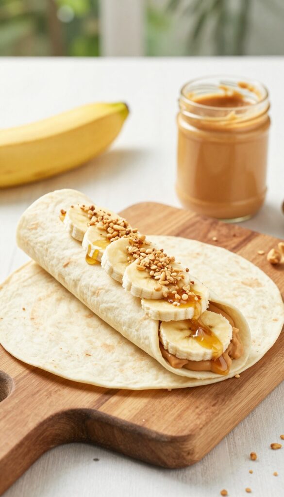 Peanut butter banana wrap cut in half on a wooden board with banana and peanut butter jar nearby.