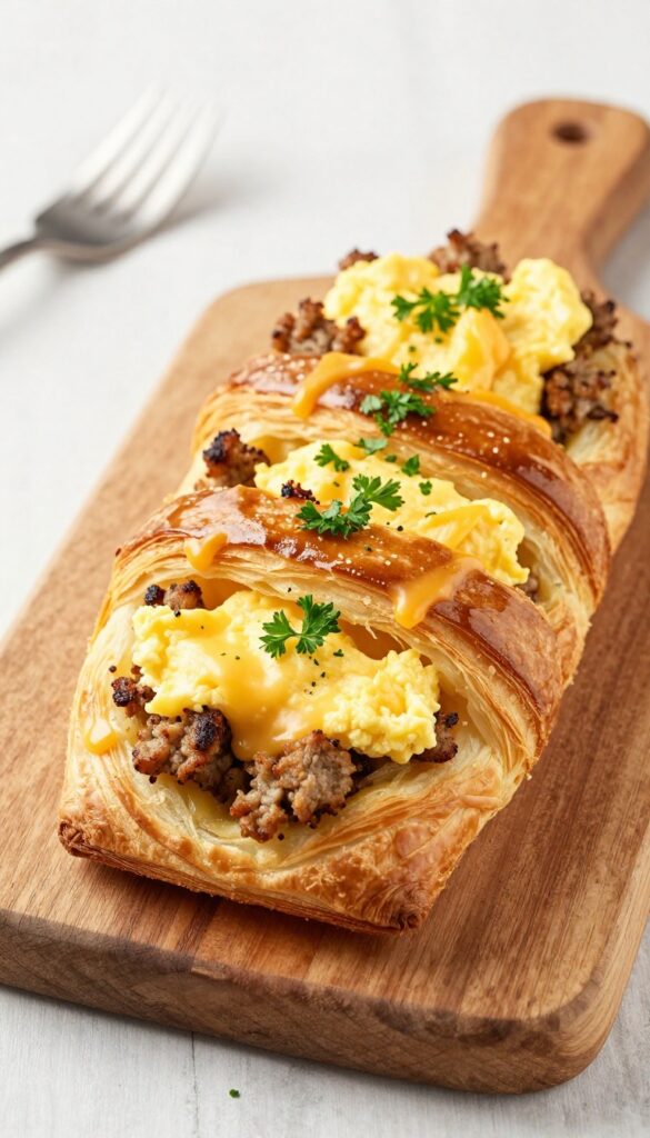Sausage and egg puff pastry braid on a wooden board