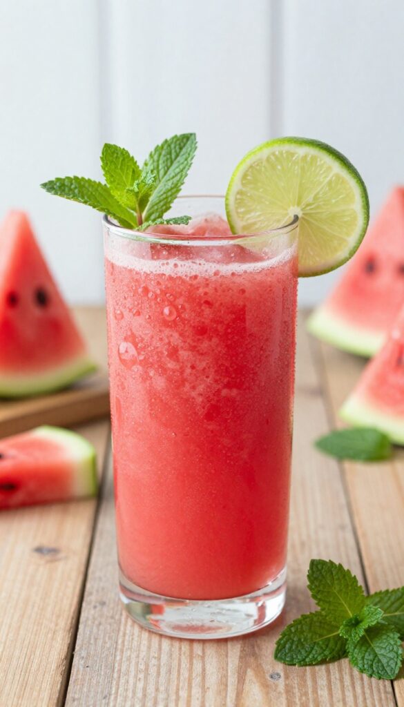 A glass of watermelon mint smoothie garnished with mint and lime on a wooden table.
