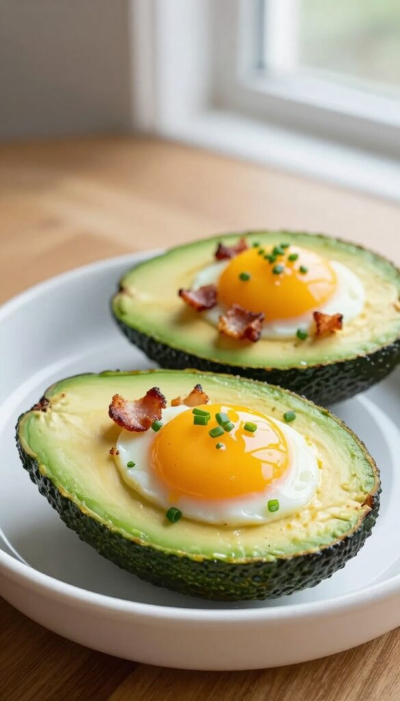 Creamy avocado halves with baked eggs, crispy bacon, and chives on a wooden table in natural light.