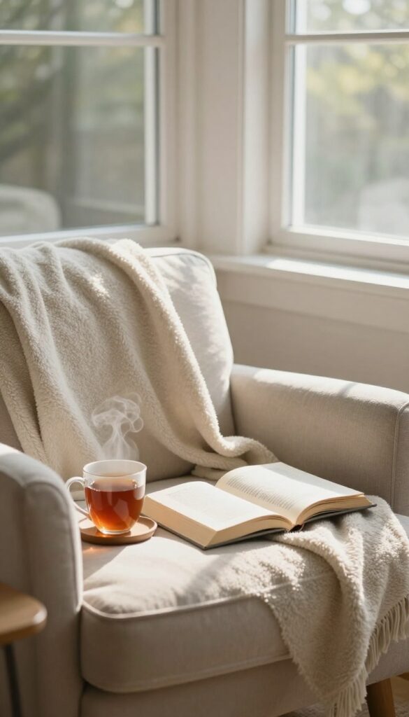 Cozy reading nook with book and tea in warm sunlight