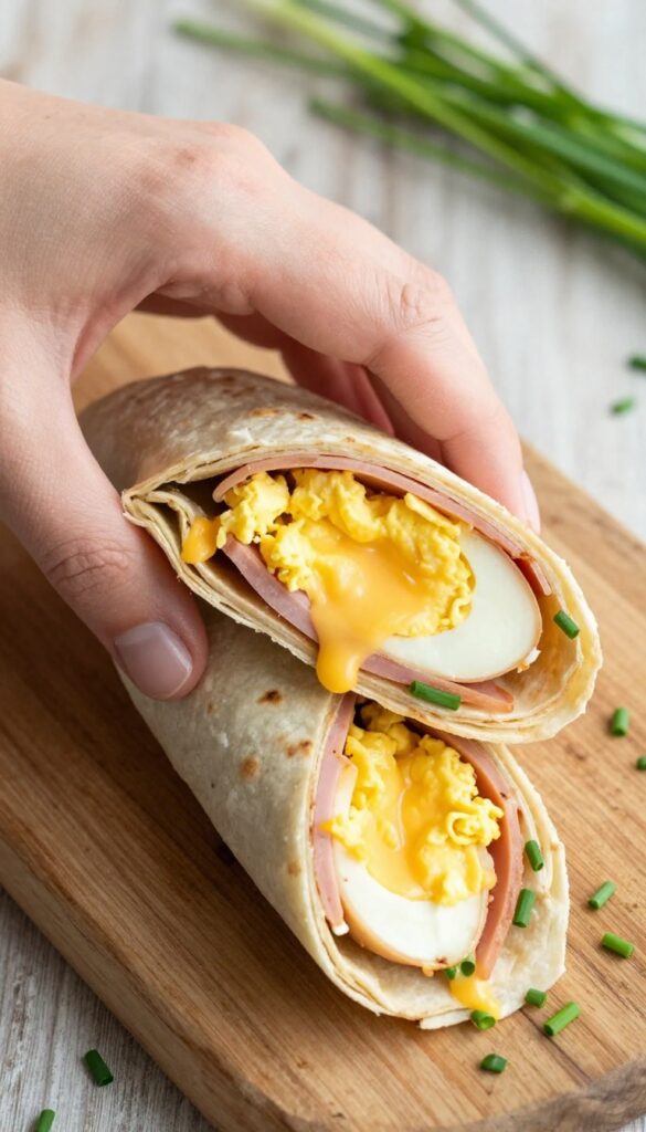 Ham and cheese egg wrap sliced in half on a wooden board