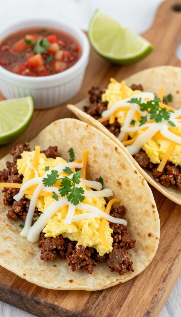 Two chorizo and egg tacos on a wooden board with salsa and lime