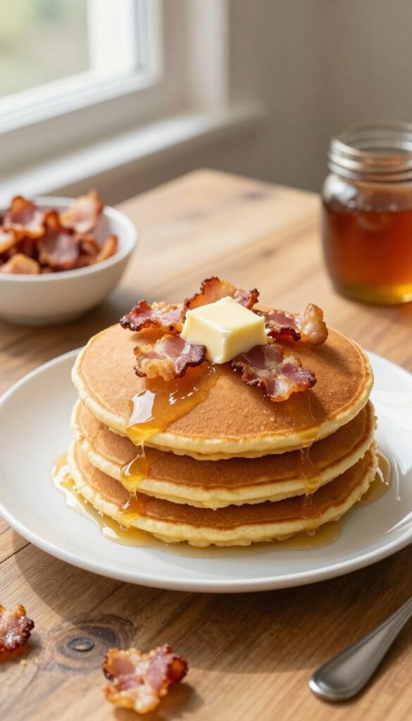 Stack of savory cornmeal pancakes topped with bacon bits and butter on a wooden table.