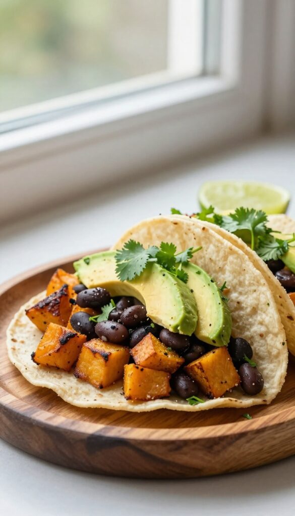 Breakfast taco with sweet potato, black beans, and avocado