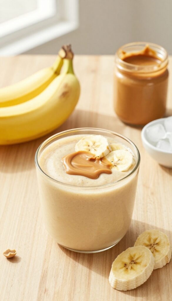 Peanut butter banana smoothie in a glass jar with bananas and peanut butter on a wooden table.