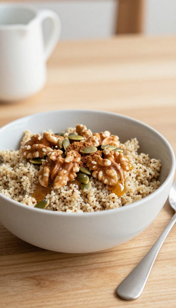 Quinoa breakfast bowl with walnuts, pumpkin seeds, and cinnamon.