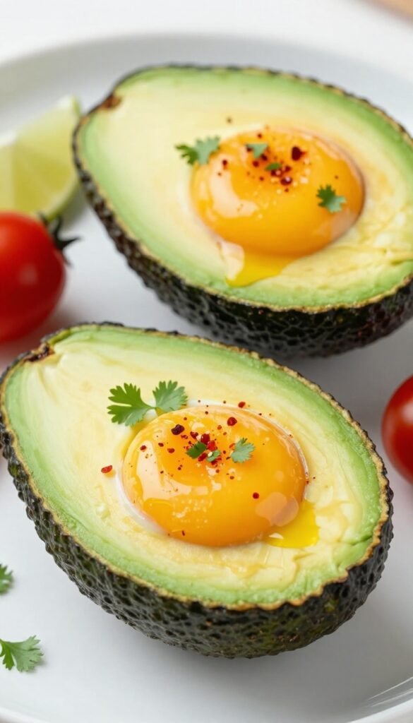 Avocado halves baked with eggs, topped with chili flakes and cilantro, on a plate with cherry tomatoes and lime.