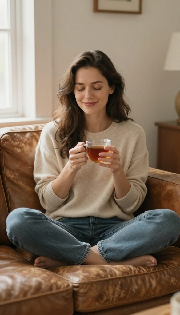Woman politely declining a request while relaxing at home