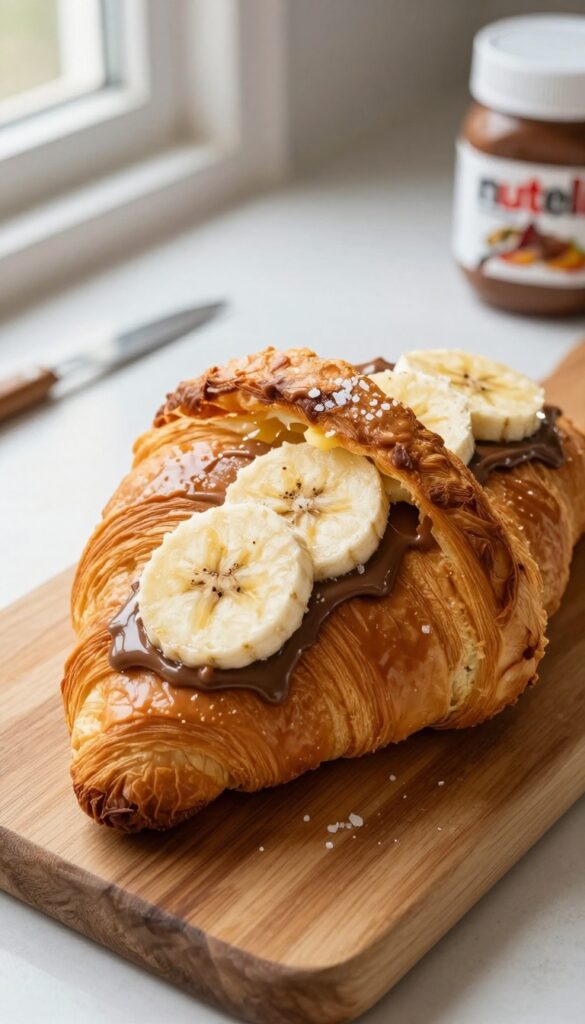 A warm croissant filled with Nutella and sliced bananas on a wooden board, with a coffee cup in the background.