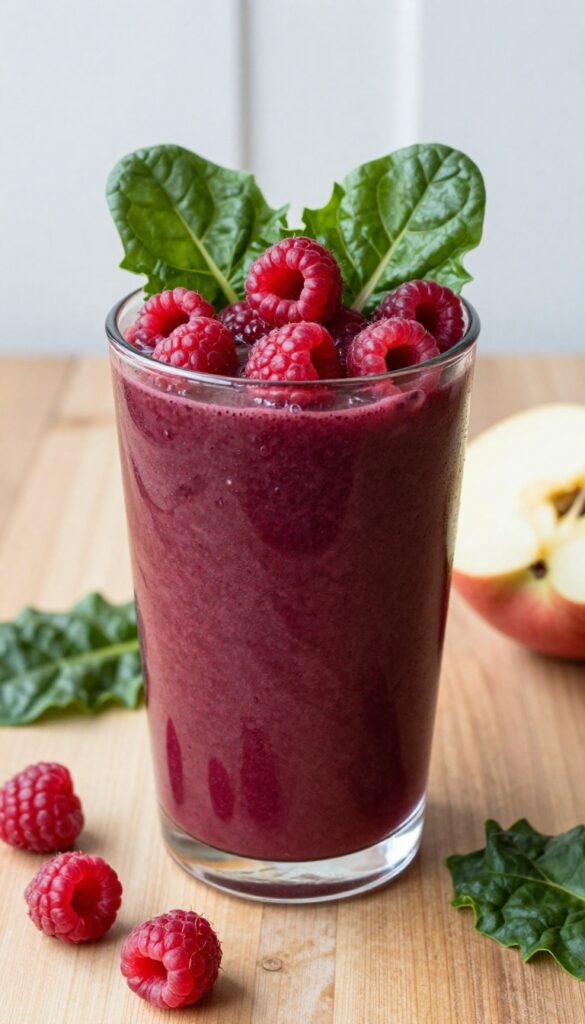 Fresh raspberries, Swiss chard, and apple next to a blender jar with raspberry chard smoothie