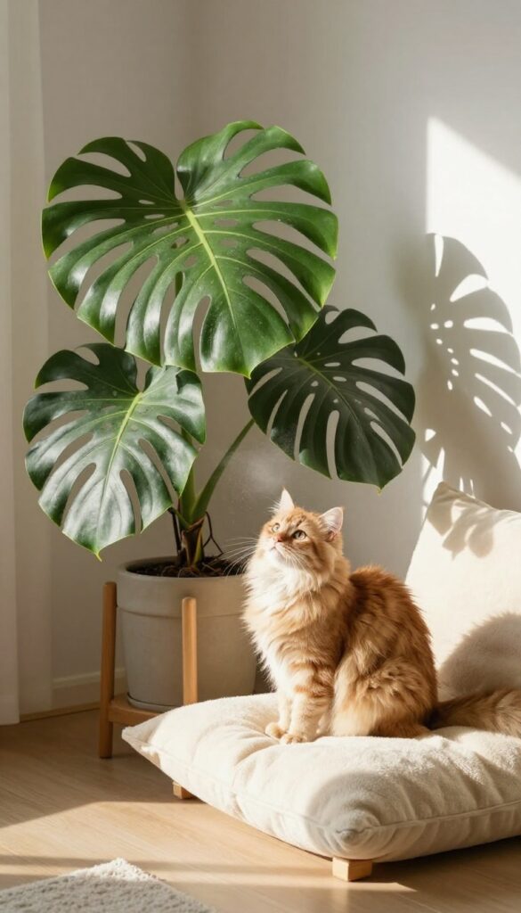 A person's hand gently misting a houseplant while a cat sits nearby on a rug in a sunlit room