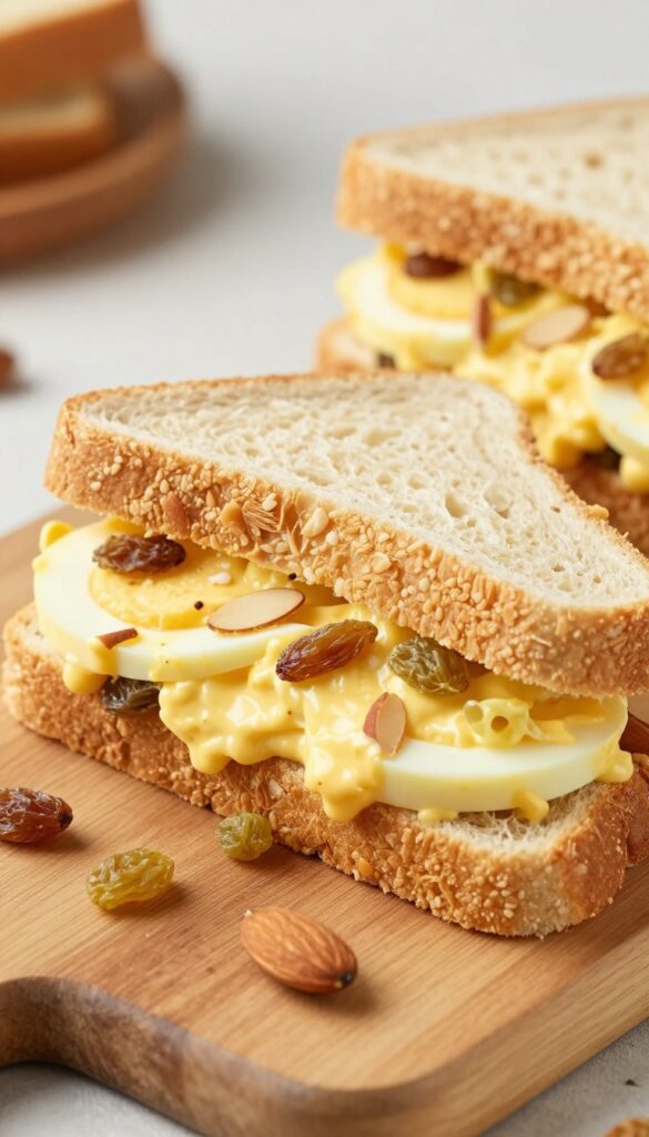 Curried egg salad sandwich on whole wheat bread with raisins and almonds
