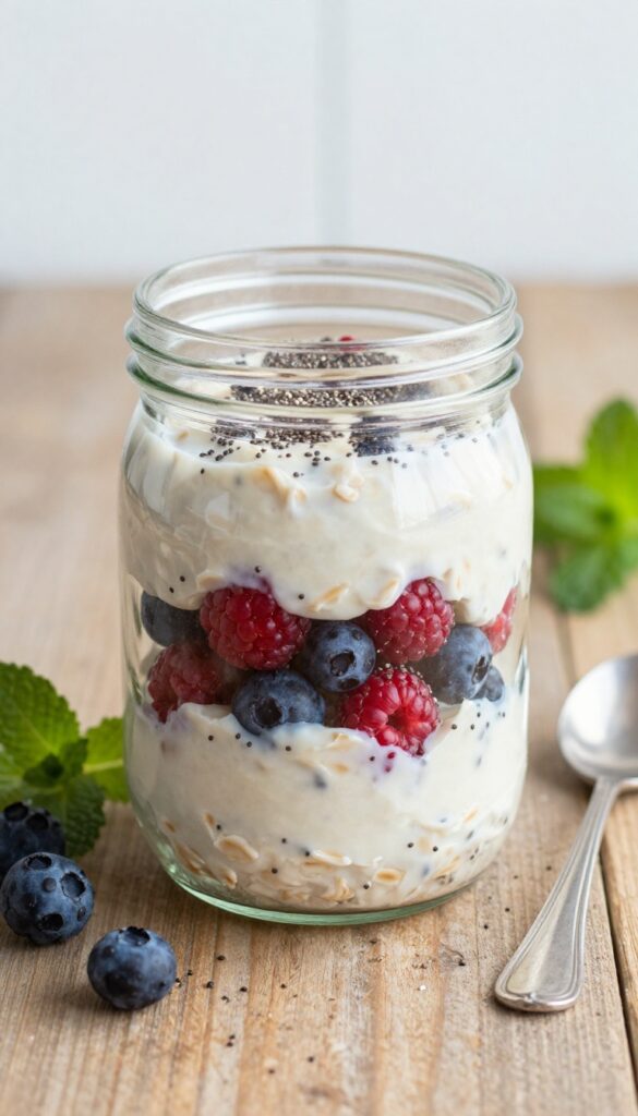 Overnight oats with chia and berries in a mason jar on a wooden table, bright natural light, overhead view.